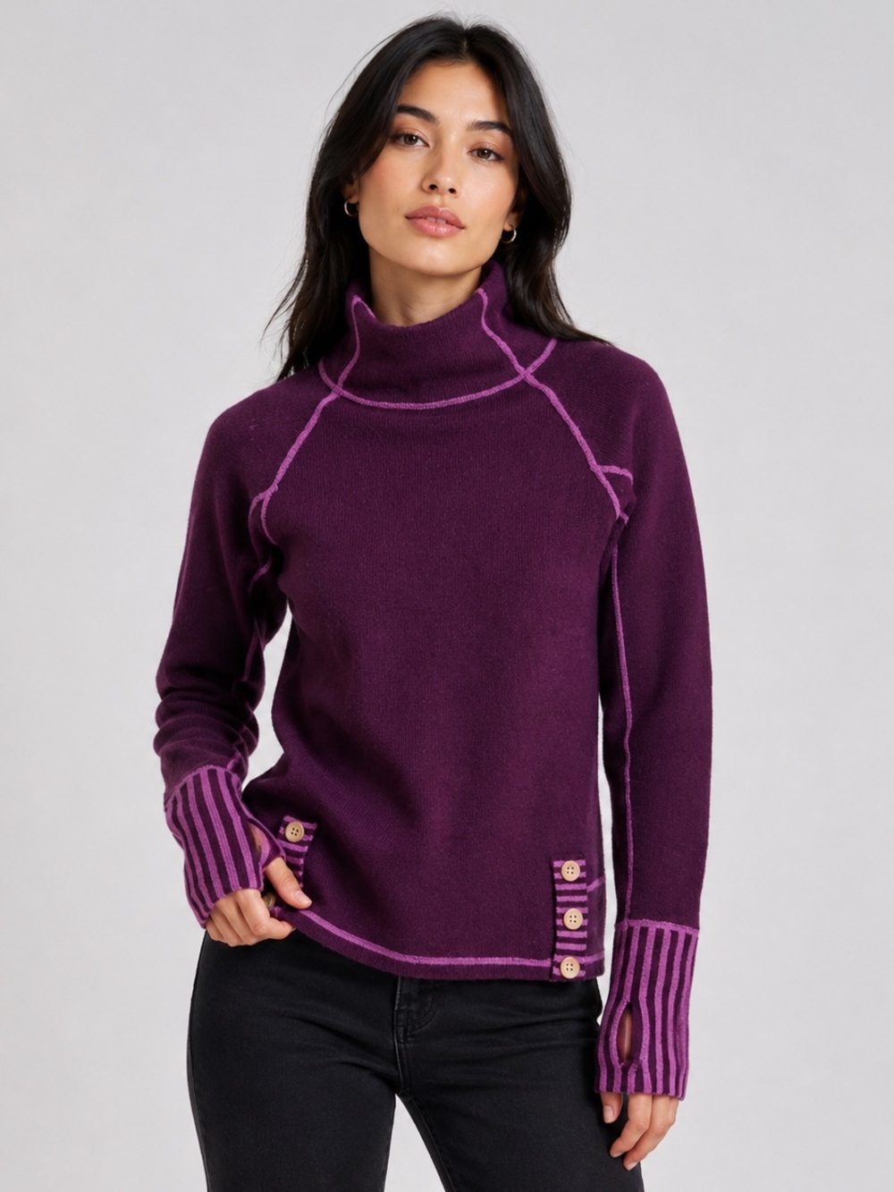 Dakini Mock Neck Lambswool Striped Bright Purple Sweater, sz. XS